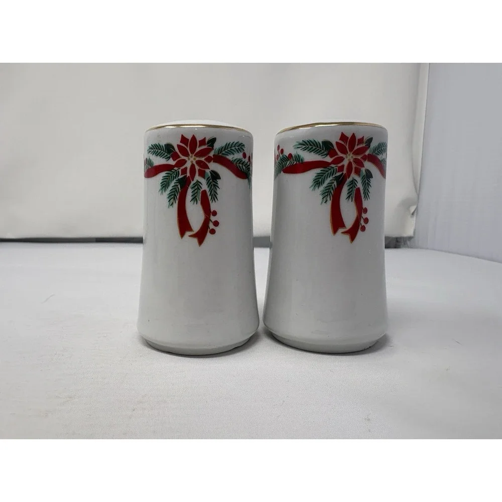 Vintage Elegant Christmas Poinsettia & Ribbons Ceramic Salt & Pepper Shakers